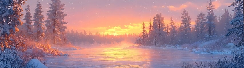Obraz premium A serene winter landscape featuring a tranquil river reflecting vibrant hues of orange and pink at sunset, surrounded by snow-covered pine trees and a gentle snowfall.