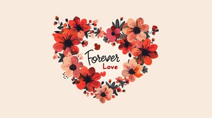A delicately arranged heart shape composed of red and pink flowers with black accents, encircling the phrase Forever Love, set against a soft beige background for a timeless romantic appeal. AI