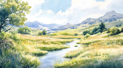 Obraz premium Serene Summer Stream in a Mountain Valley Watercolor Landscape Painting
