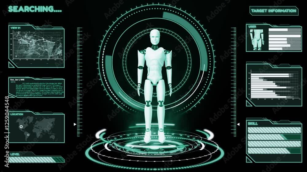Poster futuristic robot, artificial intelligence cgi big data analytics and programming . robotic man 3d re