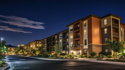 Night view of modern apartment complex with illuminated buildings and landscaping.
