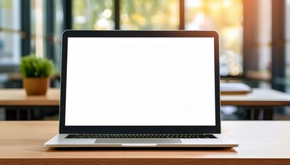 Fototapeta premium Mockup de laptop en escritorio de madera con fondo borroso