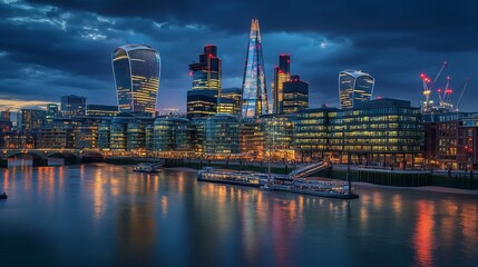 Mirrored skyscrapers of London's financial district create a stunning display of modern architecture, reflecting the hustle and bustle of business below. 