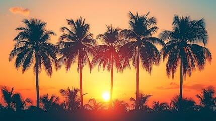 Obraz premium Tropical sunset silhouette; palm trees, ocean background; travel brochure