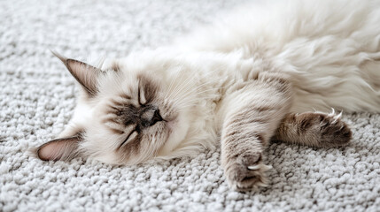 Lazy ragdoll cat rolling over on soft rug, copy space for text.