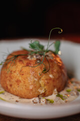 Delicious cutlets with airy mashed potatoes served in the restaurant. The perfect photo for a menu, culinary blog, or an advertisement for catering establishments.