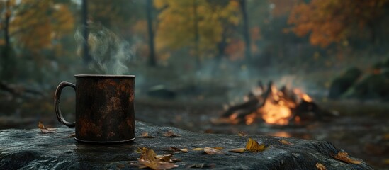 Obraz premium Autumnal Campfire Serenity: A Warm Mug by the Embers