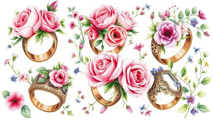 Elegant Gold Rings Adorned with Watercolor Roses Flowers