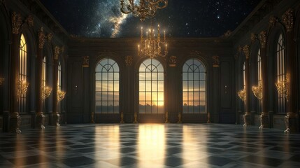 Fototapeta premium Grand ballroom sunrise, celestial ceiling.