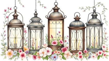 Romantic Hanging Lanterns with Blooming Flowers Spring Decor