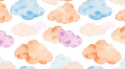 Dreamy watercolor pattern with soft blue, lavender, and peach clouds on white. Warm autumn colors, earthy and cozy aesthetic. 
