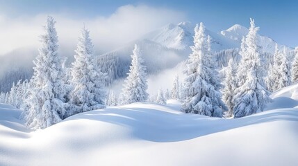 Fototapeta premium Snow Covered Mountain Landscape With Frosty Trees