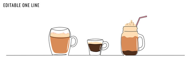 One continuous line drawing of coffee cups, mugs. Cafe, cafeteria banner. Editable stroke, vector illustration