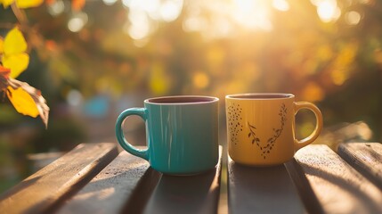 Obraz premium Tranquil morning coffee break: Two vibrant mugs of coffee or tea rest on a wooden balcony, bathed in warm sunlight. The setting evokes a cozy and relaxing atmosphere