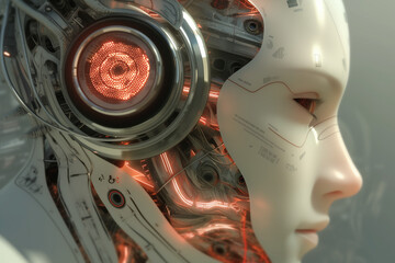  A sleek, futuristic robot with glowing digital patterns across its face and neck. The holographic interface in front of it showcases advanced technology, blending mechanical precision.