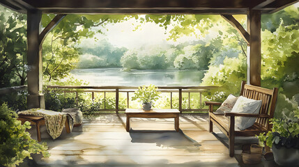 Serene Lakeside Porch Summer Tranquility Watercolor Painting