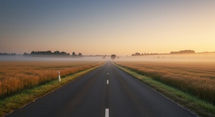 Driving Through Foggy Rural Landscape at Sunrise with Golden Wheat Fields
