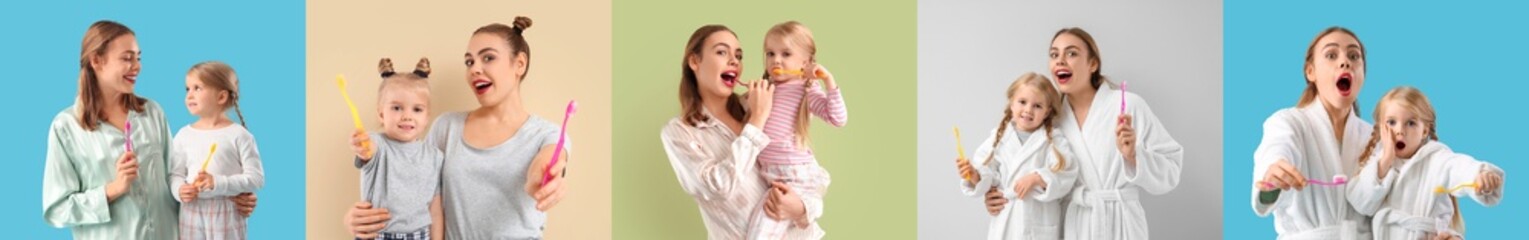 Set of mother and little daughter brushing teeth on color background