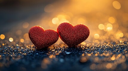 Fototapeta premium Two red hearts, sunset bokeh, romantic, Valentine's Day card
