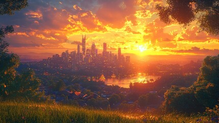 An illuminated city skyline with iconic landmarks glowing at golden hour, framed by a picturesque sky and rolling hills
