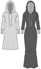 Hoodie Abaya, Hoodie Sweater Dress Fashion Illustration, Vector, CAD, Technical Drawing, Flat Drawing, Template, Mockup.