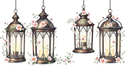 Obraz premium Elegant Hanging Lanterns with Spring Blossoms Home Decor Romantic Lighting Garden Decor Wedding