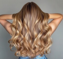 Naklejka premium A rear view of a woman displaying her beautifully styled long wavy hair with balayage highlights.