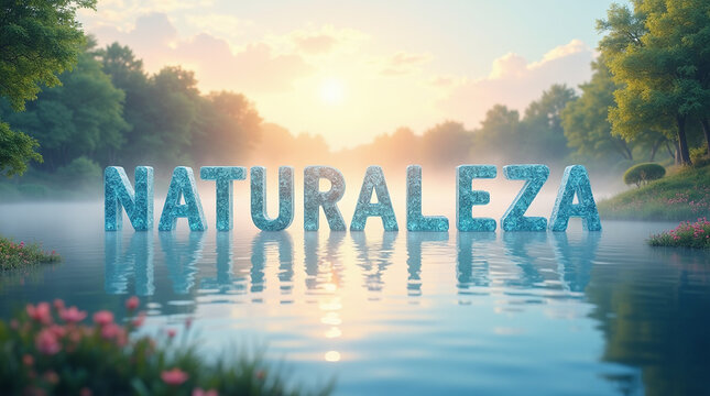 Naturaleza Palabra emergiendo del agua sobre el lago al amanece
