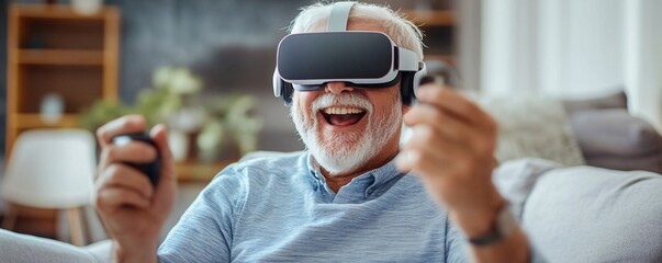 Excited senior man using virtual reality glasses is playing video games at home