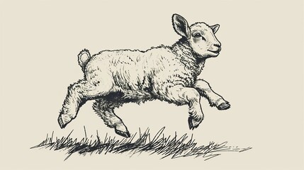 A classic black and white vintage illustration of a young lamb playfully leaping over a grassy field. Ideal for farm-themed designs, prints, or educational materials. AI generated.