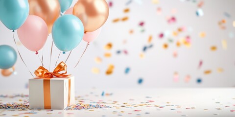 Romantic pink gift box with festive balloons and golden ribbon on a dreamy bokeh background for special celebrations