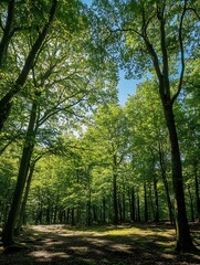 Fototapeta premium Sunlit Forest with Tall Trees in Rich Green Canopy : Generative AI