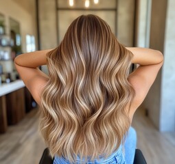 A rear view of a woman displaying her beautifully styled long wavy hair with balayage highlights.