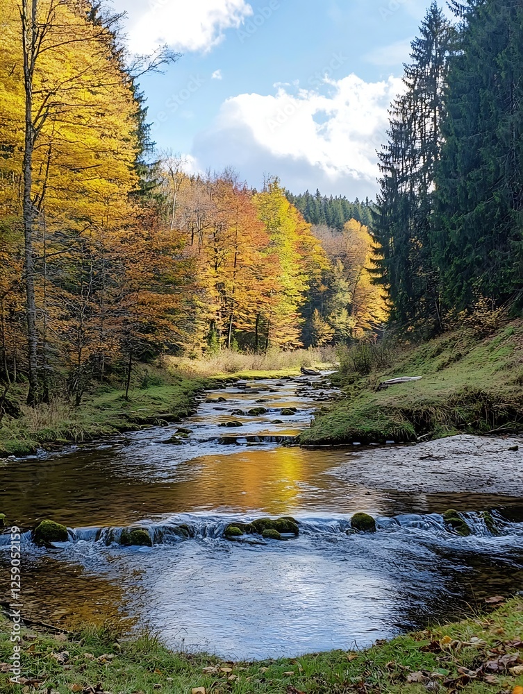 Aufkleber autumn landscape with a calm stream flowing through colorful trees under a clear blue sky : generati