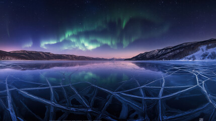 A majestic frozen lake reflecting the vibrant hues of the aurora borealis above