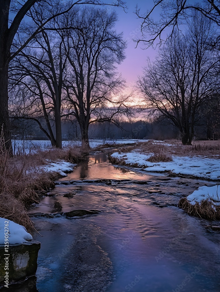 Poster serene river landscape at twilight with reflections and winter trees in a peaceful natural setting :