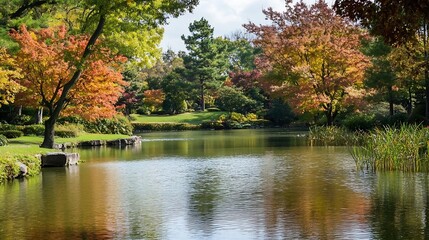 Fototapeta premium Serene Autumn Scene at the Lake Surrounded by Colorful Trees : Generative AI