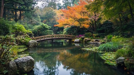 Serene Japanese Garden with a Tranquil Bridge Over Calm Water and Colorful Foliage : Generative AI
