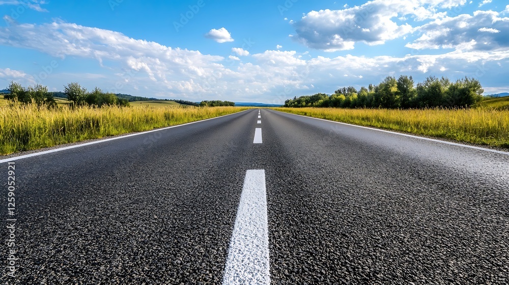 Poster panoramic view of an open highway stretching into a vibrant landscape under a bright blue sky : gene