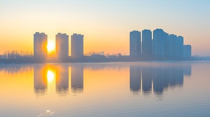 Obraz premium Sunrise over city skyline reflected in calm river