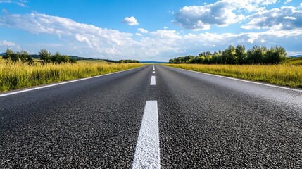 Panoramic view of an open highway stretching into a vibrant landscape under a bright blue sky : Generative AI