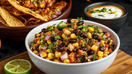 Salsas Mexican flavors concept. A vibrant bowl of black bean corn salad with fresh vegetables, served alongside tortilla chips and dips, garnished with lime and herbs.