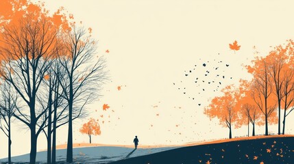 Person walking path autumn leaves trees landscape.