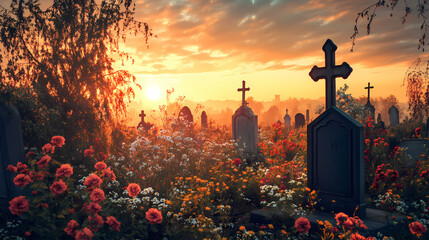 Sunset over cemetery, flowers on graves, peaceful remembrance, stock photo for sympathy cards. Eternal Dusk. Illustration