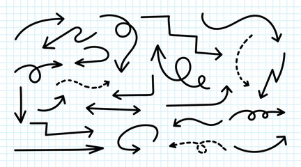 Set of simple lines in different directions. Set of simple black arrows. Sets of simple hand drawn lines with black arrows. Arrow collections