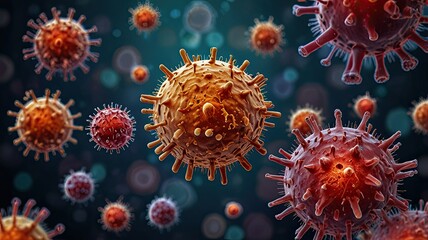 Fototapeta premium Colorful depiction showcases numerous viruses interacting in a biological space highlighting their distinct structures and surfaces