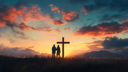 Two figures stand solemnly near a wooden cross against a serene dusk sky, embodying the profound moment of jesus' crucifixion. Eternal Dusk. Illustration