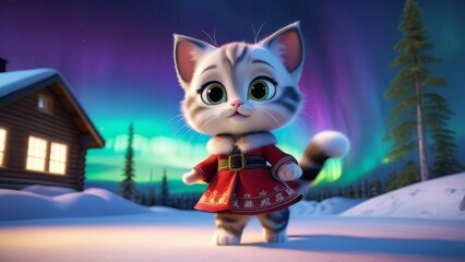 Kitten in Finnish Dress: "A kitten with big eyes, wearing a traditional Finnish dress, dances in front of the Northern Lights.