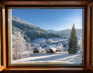 A frosted glass window overlooking a snowy mountain village, evoking winter serenity.