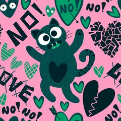 Anti Valentines animals seamless cats and hearts pattern for wrapping paper and fabrics and kids clothes print